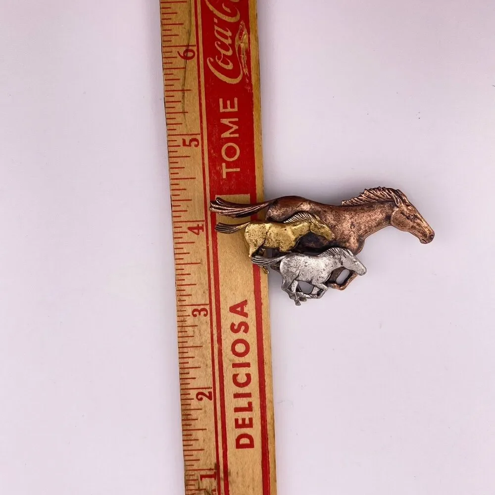 Horses Galloping Vintage Tri-Metal Brooch Pin
